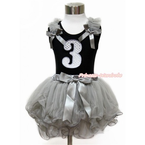 Black Baby Pettitop with Grey Ruffles & Grey Bow with 3rd Sparkle White Birthday Number Print with Grey Bow Grey Petal Newborn Pettiskirt NG1439 
